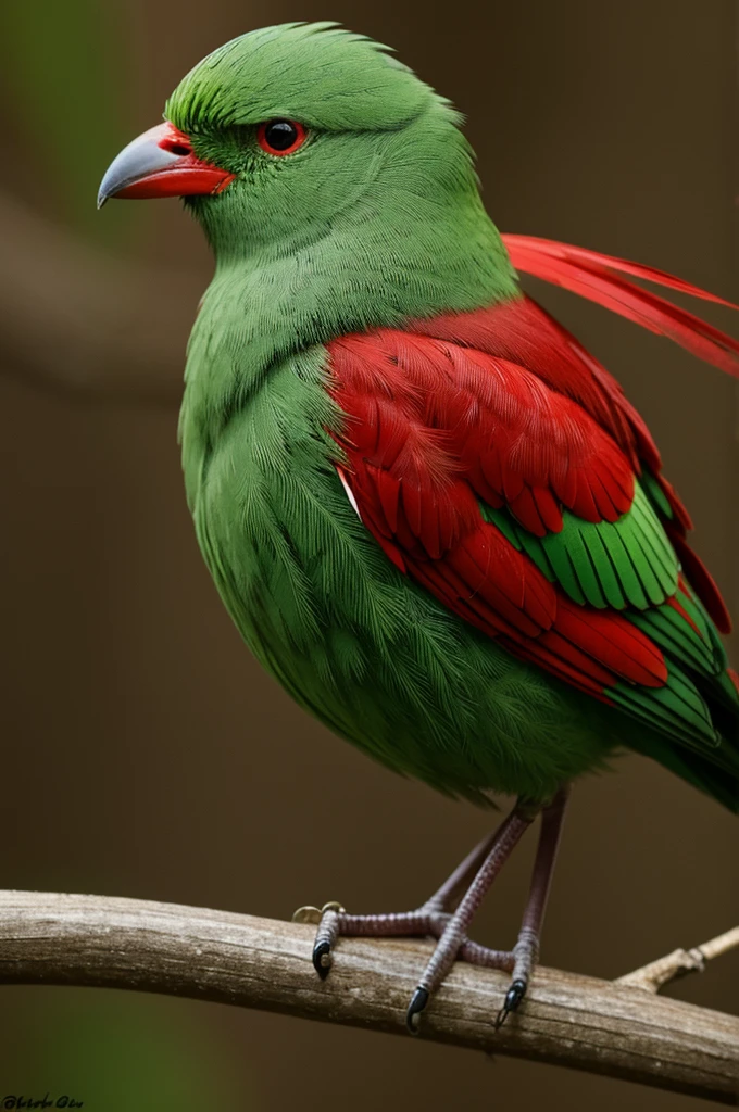 Little bird with green head and red body; ruffled head feathers