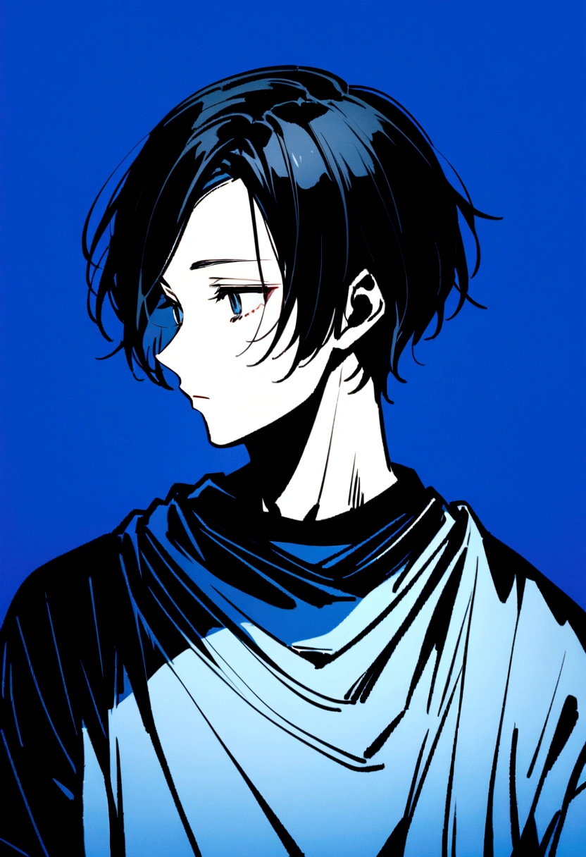male、Beautifully straight, center parted、male、Medium black hair、profile、profileの待ち受け、黒髪のCenter part that exposes the forehead・profileのイラストアイコン,Black hair center part、Flat painting - Portrait:30代前半のmaleで、Hair should be parted in the center。 ·atmosphere:It has a stylish atmosphere.、Simple fill、With a bright feeling、Center part that exposes the forehead,Blue background、For SNS icons、T-Shirts、Solid blue background,Short cut、crisp narrow eyes