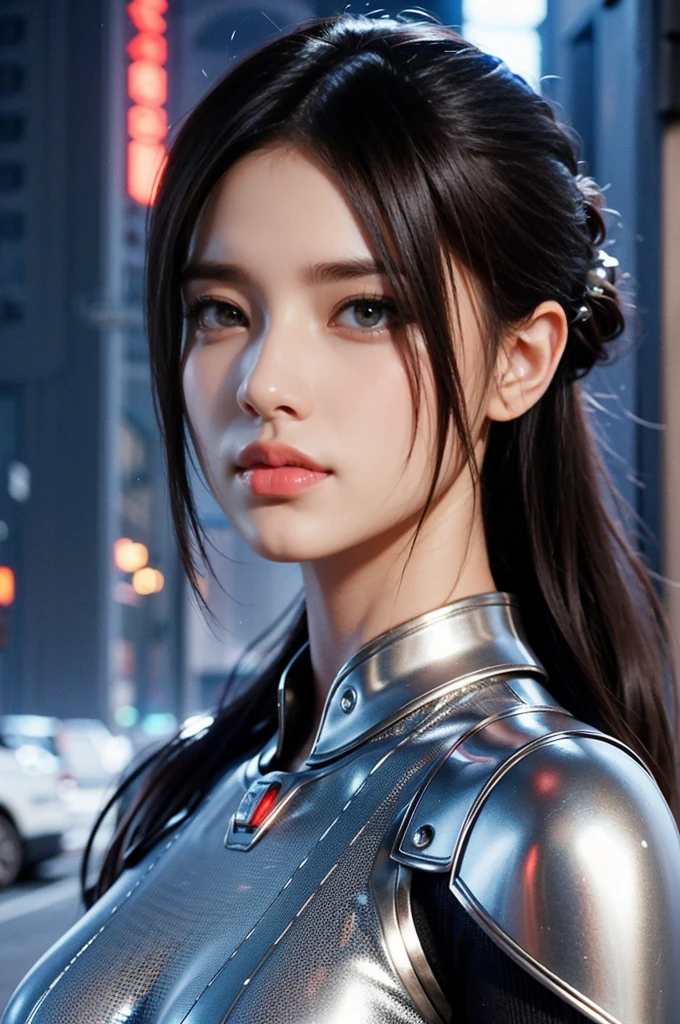 Game art,The best picture quality,Highest resolution,8K,((A bust photograph)),((Portrait)),(Rule of thirds),Unreal Engine 5 rendering works, (The Girl of the Future),(Female Warrior),22-year-old girl,(Hair random),(A beautiful eye full of detail),(Big breasts),Elegant and charming,Smile,(frown),(Clothes full of futuristic sci-fi style,Sweater,A delicate pattern,Glittering jewels,Armor,White and red),Cyberpunk Characters,Future Style, Photo poses,Street background,Movie lights,Ray tracing,Game CG,((3D Unreal Engine)), rendering reflection pattern