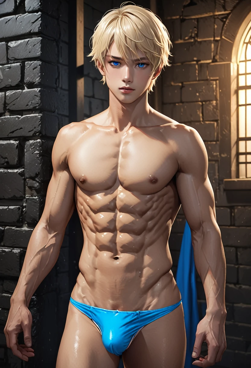 high quality, male prostitute, detailed, Realistic, (19 years old japanese idol slave boy), (detailed blue eyes), (blond short hair), (abs:1.5), (dark shiny skin), dungeon,high class bedroom,(tiny thongs:1.4), (bulge:1.2), (detailed nipples), detailed areola, 