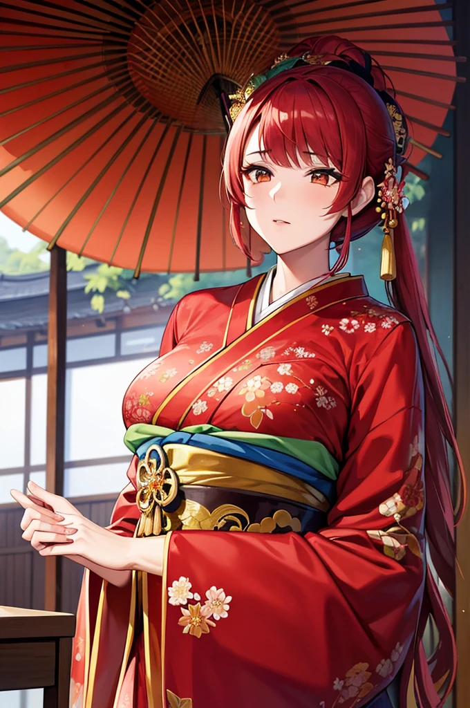 A beautiful Japanese woman is depicted in a vertical, anime-style portrait set in a rich, vibrant background filled with traditional elements. She is dressed in an elaborate, brightly colored kimono adorned with intricate floral patterns and detailed embroidery. The kimono is primarily red with accents of gold, blue, and green, creating a striking and opulent appearance. Her hair is styled in an elaborate updo, adorned with traditional hair ornaments and flowers, enhancing her elegant and regal presence.
The background is a lush, traditional Japanese setting filled with blooming cherry blossoms and ornate decor. On one side of the scene, a large red paper umbrella with white patterns is placed, adding a classic touch to the setting. Traditional Japanese lanterns cast a warm, soft glow, illuminating the intricate details of the woman's kimono and the surrounding decor. The background features a mix of vibrant flowers in red, pink, and green, creating a rich and colorful environment that complements the woman's attire.
The floor is covered with colorful, intricately designed fabrics and traditional tatami mats, adding texture and depth to the scene. The decor elements include golden screens and lacquered furniture, further emphasizing the traditional and luxurious atmosphere. The overall setting is reminiscent of a high-class oiran or courtesan's quarters from the Edo period, adding an element of historical elegance to the scene.
The lighting in the illustration is warm and inviting, casting gentle highlights on the woman's face and the folds of her kimono. The artist employs digital painting techniques to achieve a high level of detail and vibrant colors, particularly in the floral patterns on the kimono and the intricate background elements. The use of soft gradients and subtle brushstrokes adds a sense of depth and realism to the anime-style illustration.
The woman's expression is serene and composed, with large, expressive anime-style eyes that convey a sense