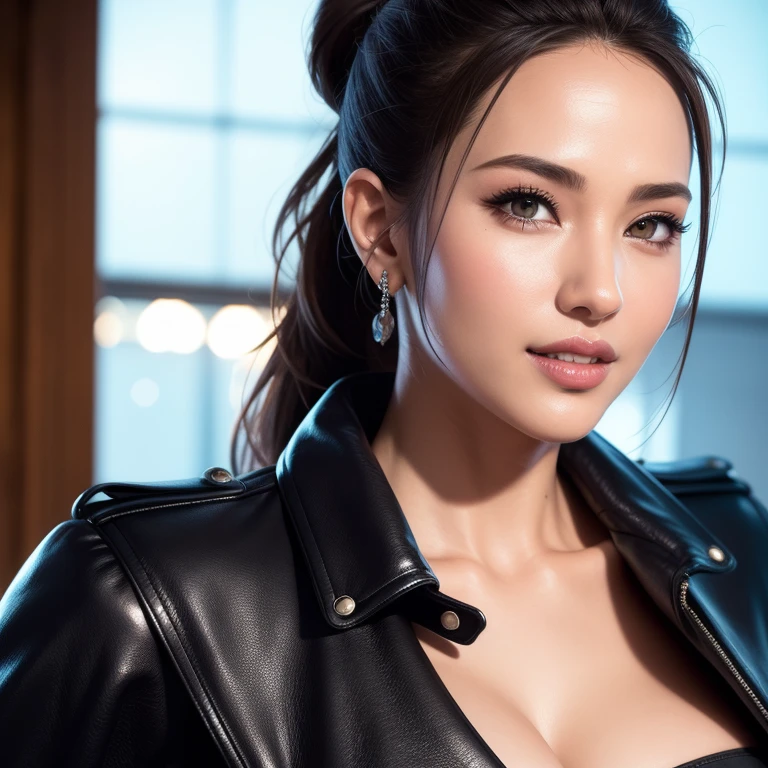 a gorgeous busty woman, beautiful detailed eyes, beautiful detailed lips, extremely detailed face, long eyelashes, ponytail, leather jacket, lady bikers, beautiful detailed smile, beautiful detailed teeth, pov, lovers, cinematic dramatic lighting, best quality, 4k, 8k, highres, masterpiece, ultra-detailed, realistic, photorealistic, photo-realistic, hdr, uhd, studio lighting, ultra-fine painting, sharp focus, physically-based rendering, extreme detail description, professional, vivid colors, bokeh, portrait, photorealistic, cinematic