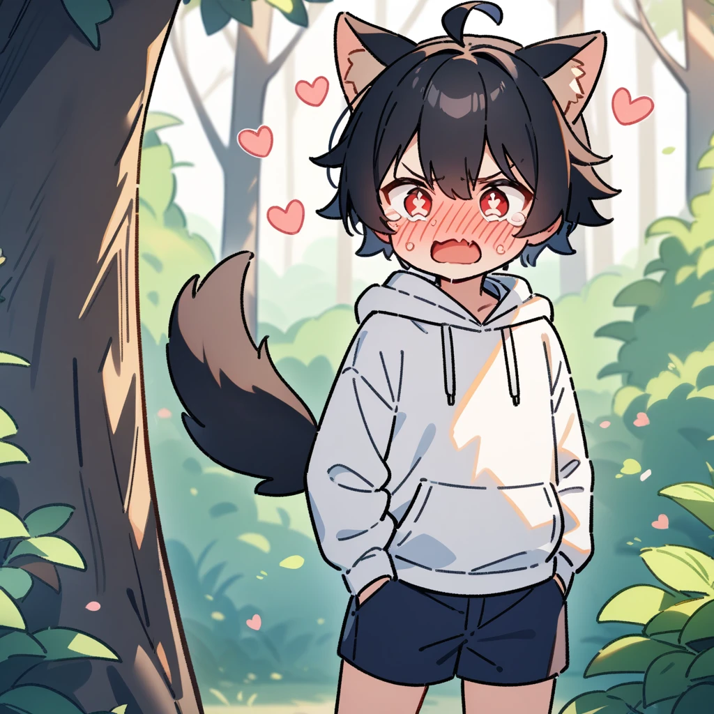 （masterpiece：1.2，high quality），8K，High resolution，A -year-boy，c boy，black hair，short hair，red eyes，heart-shaped pupils， ahoge，cat ears，full-face blush，pain，angry，tears，skin fang，Halation，Wearing a white hoodie，Dark blue shorts，Stand in the forest，There are flowering trees on both sides.，primary scho，dog tail，（Put your hands in your pockets）