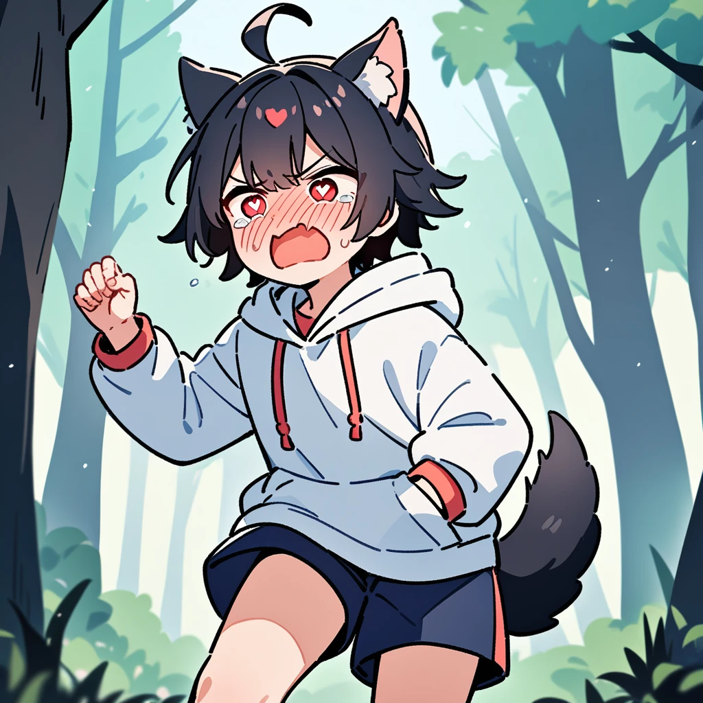 （masterpiece：1.2，high quality），8K，High resolution，A seven-year-old boy，cute boy，black hair，short hair，red eyes，heart-shaped pupils， ahoge，cat ears，full-face blush，pain，angry，tears，skin fang，Halation，Wearing a white hoodie，Dark blue shorts，Stand in the forest，There are flowering trees on both sides.，primary school student，thigh，alone，dog tail，（Put your hands in your pockets）