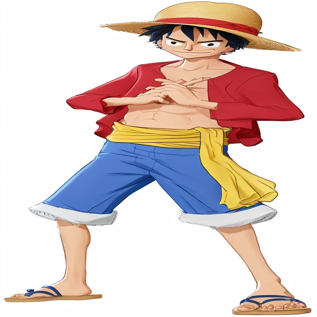 a cartoon image of a man with a straw hat and blue shorts. realistic, 4k, detail
