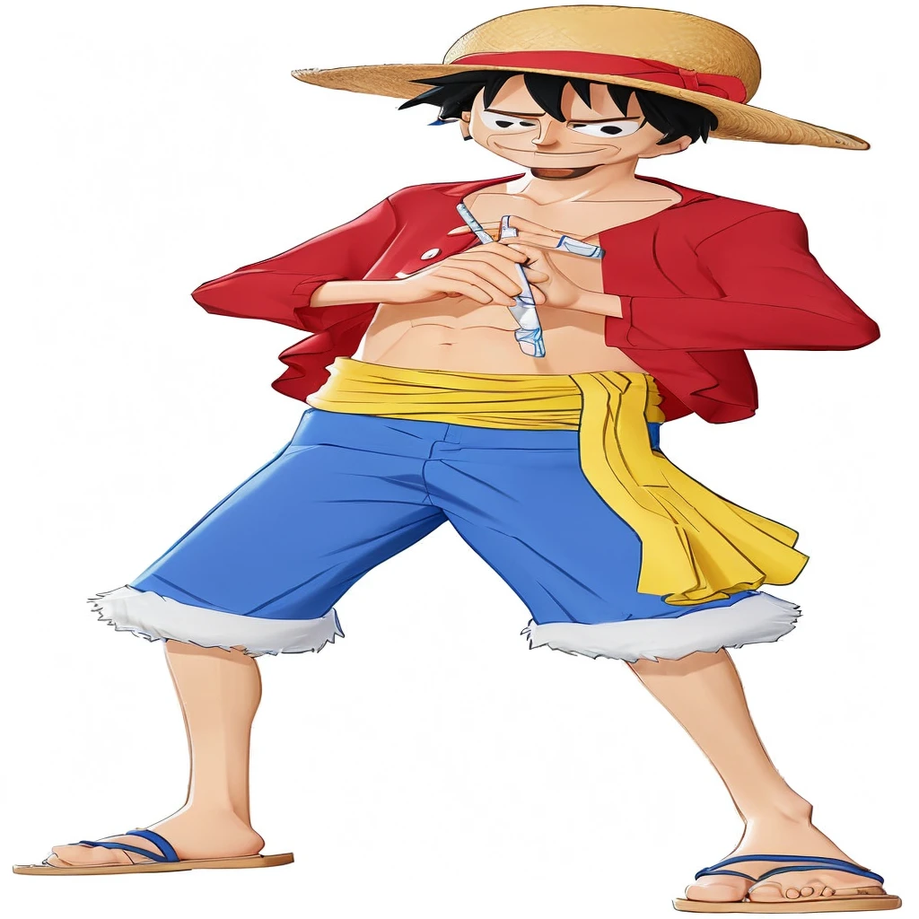 a cartoon image of a man with a straw hat and blue shorts. realistic, 4k, detail