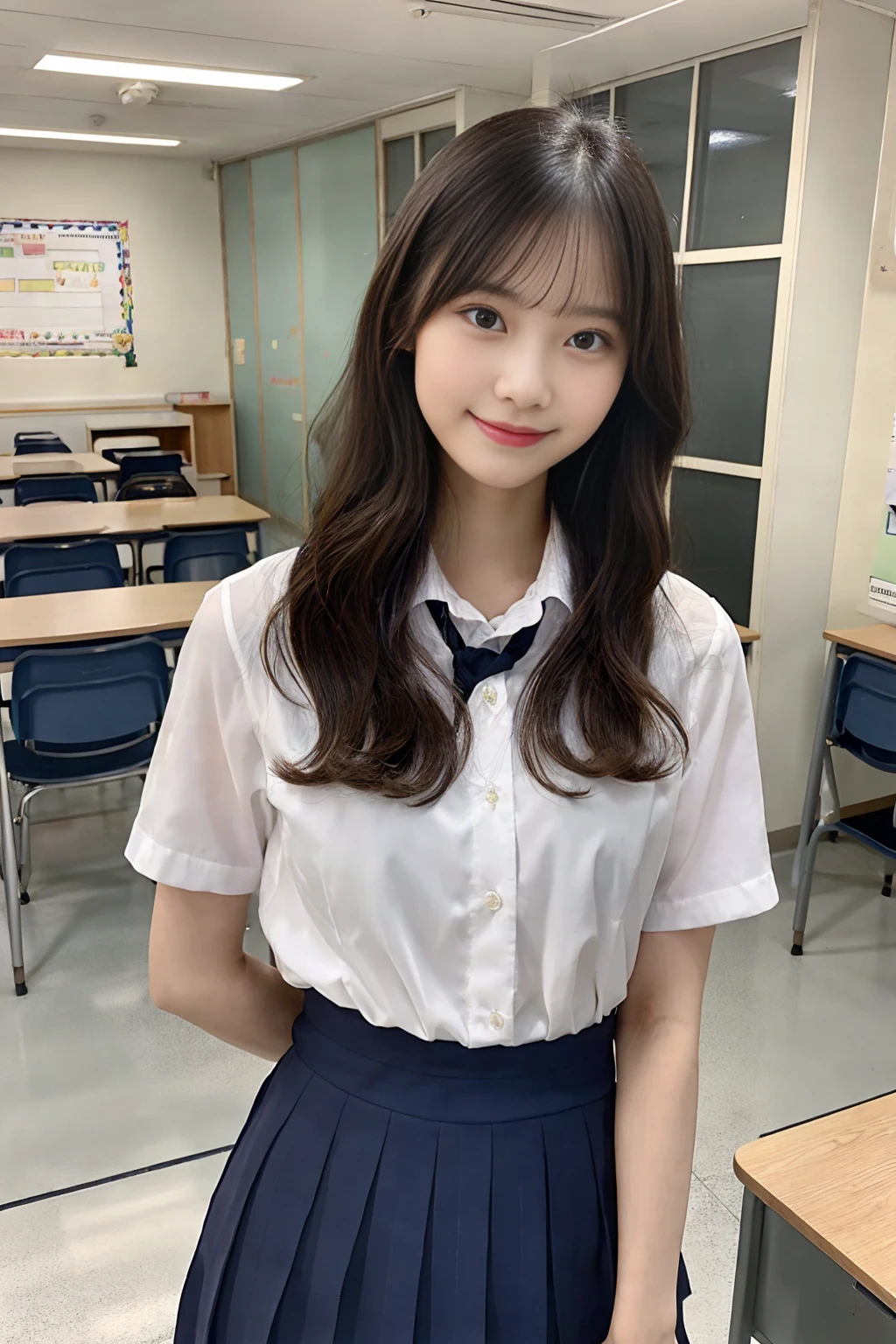 「A beautiful female school teacher stands in front of the classroom、She is wearing a suit with a tight white shirt and a tight he is holding a textbook and smiling gently.。Her medium-wave hair is neatly arranged.、The tight mini skirt accentuates her thighs and buttocks.。We create a professional and friendly atmosphere。A classroom can be seen in the background.、There is a blackboard and student desks.。」