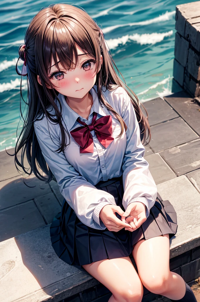 From above, (Squint your eyes:1.2), close, One Girl, blush, sit, Browsing Caution,beautiful girl Wear a uniform, skirt, 水たまりの上にsit