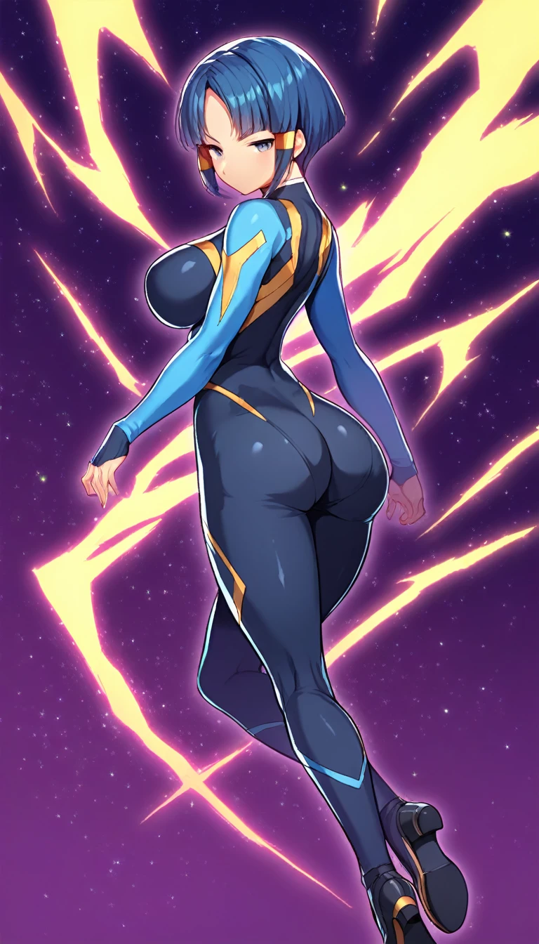 best quality,ultra detailed,solo,score_9, score_8_up, score_7_up, score_6_up, score_5_up, score_4_up, source_anime, 1girl, clara, blue hair, hair tubes, grey eyes, bodysuit,big breasts, standing sexy pose, (behind view,portrait),full body,heavenly ass, heavenly breasts, big ass, no shoes, wearing black heels, upset, face, long legs, tight bodysuit, tight sleeves, black bodysuit, half-closed eyes, backside, charging dark power, charging dark energy, dark energy, using dark power, using energy, using dark energy, charging dark energy, dark aura, backside