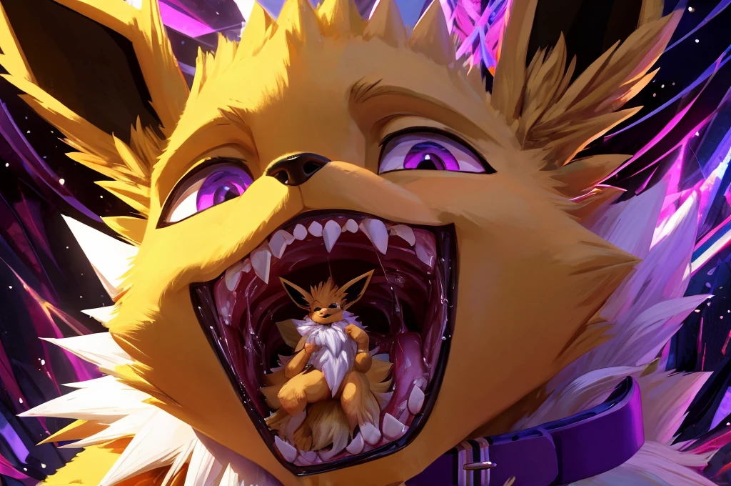 Macro Male Jolteon (pokemon), smug expression, big teeth, high contrast, 8k HD, detailed, hyper-detailed, vore, primary fur yellow, secondary fur white, purple eyes, purple collar, best quality, ultra high res, micro eevee (pokemon), eevee in mouth of jolteon