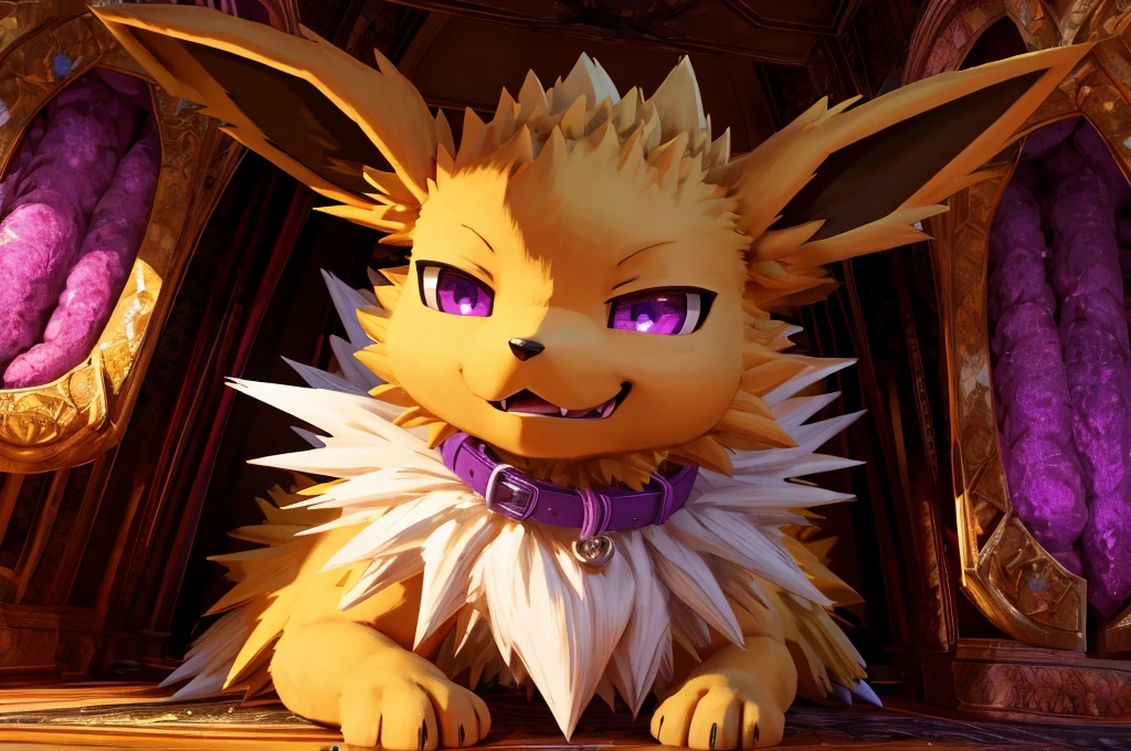 Macro Male Jolteon (pokemon), smug expression, big teeth, high contrast, 8k HD, detailed, hyper-detailed, vore, primary fur yellow, secondary fur white, purple eyes, purple collar, best quality, ultra high res, micro eevee (pokemon), eevee in mouth of jolteon