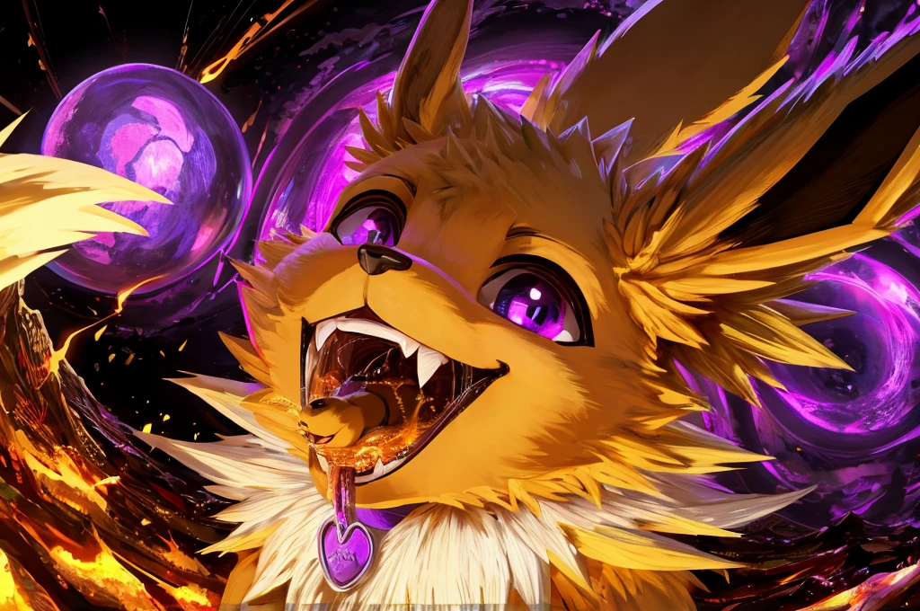 Macro Male Jolteon (pokemon), smug expression, big teeth, high contrast, 8k HD, detailed, hyper-detailed, furry vore, primary fur yellow, secondary fur white, White mohawk, purple eyes, purple collar, best quality, ultra high res, Bully, Teasing, Flirty, Eating Tiny People