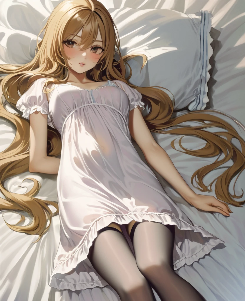 In the dim light Alice lay on her side, back to him. She was wearing a simple nightgown, which fell to the knees, its fabric was quite thin, to expose the outline of her body. Her legs were long and toned, framed by a pair of silky thigh-high stockings..