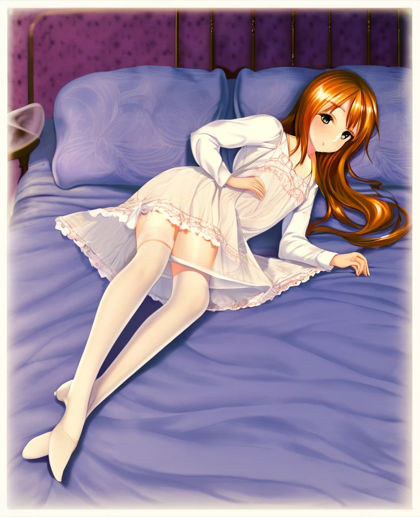 In the dim light Alice lay on her side, back to him. She was wearing a simple nightgown, which fell to the knees, its fabric was quite thin, to expose the outline of her body. Her legs were long and toned, framed by a pair of silky thigh-high stockings..
