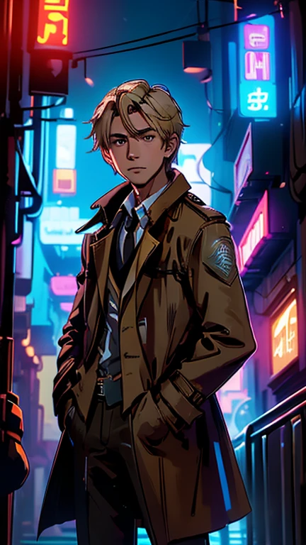 best quality,masterpiece,1boy,solo,(((13years old))),japanese boy,an extremely cute and handsome boy,highly detailed beautiful face and eyes,petit,cute face,lovely face,baby face,shy smile,show teeth, Blonde hair,short hair,flat chest,skinny,slender,(((wearing John Constantine costume,brown Trench Coat))),(((standing in Dark Midnight Neon Glow light Cyberpunk metropolis city))),he is looking at the viewer,