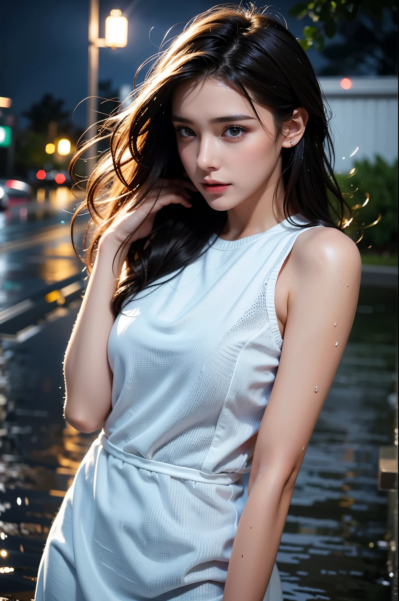 Highest quality, (photoRealistic:1.4), professional photograph, intricate composition, an extremely delicate and beautiful, 8k, ultra high res, cinematic lighting and shading, ((Realistic image of a beautiful girl very soaking wet all over, solo)), (((Night of stormy rain))), (Heavy rain is falling), extremely pretty girl standing on the street, Amazing cute and well-featured face, parted lips, Beautifully curved hourglass body shape, (Elegant summer-dress very soaking wet), Hair flapping in the wind, dripping wet hair, Skin wet and glossy in the rain, Like a dramatic scene from a movie, POV, (extremely detailed eyes and face), eyes with beautiful details, (insanely detailed beautiful natural skin texture), Accurate eyes, Accurate hands, Well-balanced overall body