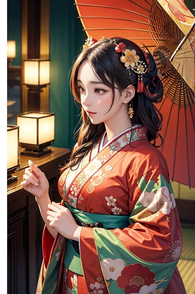 A beautiful Japanese woman is depicted in a vertical, anime-style portrait set in a rich, vibrant background filled with traditional elements. She is dressed in an elaborate, brightly colored kimono adorned with intricate floral patterns and detailed embroidery. The kimono is primarily red with accents of gold, blue, and green, creating a striking and opulent appearance. Her hair is styled in an elaborate updo, adorned with traditional hair ornaments and flowers, enhancing her elegant and regal presence.
The background is a lush, traditional Japanese setting filled with blooming cherry blossoms and ornate decor. On one side of the scene, a large red paper umbrella with white patterns is placed, adding a classic touch to the setting. Traditional Japanese lanterns cast a warm, soft glow, illuminating the intricate details of the woman's kimono and the surrounding decor. The background features a mix of vibrant flowers in red, pink, and green, creating a rich and colorful environment that complements the woman's attire.
The floor is covered with colorful, intricately designed fabrics and traditional tatami mats, adding texture and depth to the scene. The decor elements include golden screens and lacquered furniture, further emphasizing the traditional and luxurious atmosphere. The overall setting is reminiscent of a high-class oiran or courtesan's quarters from the Edo period, adding an element of historical elegance to the scene.
The lighting in the illustration is warm and inviting, casting gentle highlights on the woman's face and the folds of her kimono. The artist employs digital painting techniques to achieve a high level of detail and vibrant colors, particularly in the floral patterns on the kimono and the intricate background elements. The use of soft gradients and subtle brushstrokes adds a sense of depth and realism to the anime-style illustration.
The woman's expression is serene and composed, with large, expressive anime-style eyes that convey a sense