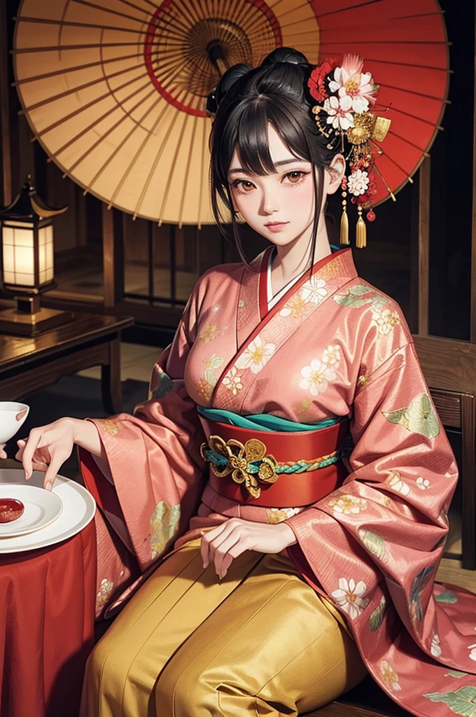 
A beautiful Japanese woman is depicted in a vertical, anime-style portrait set in a rich, vibrant background filled with traditional elements. She is dressed in an elaborate, brightly colored kimono adorned with intricate floral patterns and detailed embroidery. The kimono is primarily red with accents of gold, blue, and green, creating a striking and opulent appearance. Her hair is styled in an elaborate updo, adorned with traditional hair ornaments and flowers, enhancing her elegant and regal presence.

The background is a lush, traditional Japanese setting filled with blooming cherry blossoms and ornate decor. On one side of the scene, a large red paper umbrella with white patterns is placed, adding a classic touch to the setting. Traditional Japanese lanterns cast a warm, soft glow, illuminating the intricate details of the woman's kimono and the surrounding decor. The background features a mix of vibrant flowers in red, pink, and green, creating a rich and colorful environment that complements the woman's attire.

The floor is covered with colorful, intricately designed fabrics and traditional tatami mats, adding texture and depth to the scene. The decor elements include golden screens and lacquered furniture, further emphasizing the traditional and luxurious atmosphere. The overall setting is reminiscent of a high-class oiran or courtesan's quarters from the Edo period, adding an element of historical elegance to the scene.

The lighting in the illustration is warm and inviting, casting gentle highlights on the woman's face and the folds of her kimono. The artist employs digital painting techniques to achieve a high level of detail and vibrant colors, particularly in the floral patterns on the kimono and the intricate background elements. The use of soft gradients and subtle brushstrokes adds a sense of depth and realism to the anime-style illustration.

The woman's expression is serene and composed, with large, expressive anime-style eyes that convey a sense