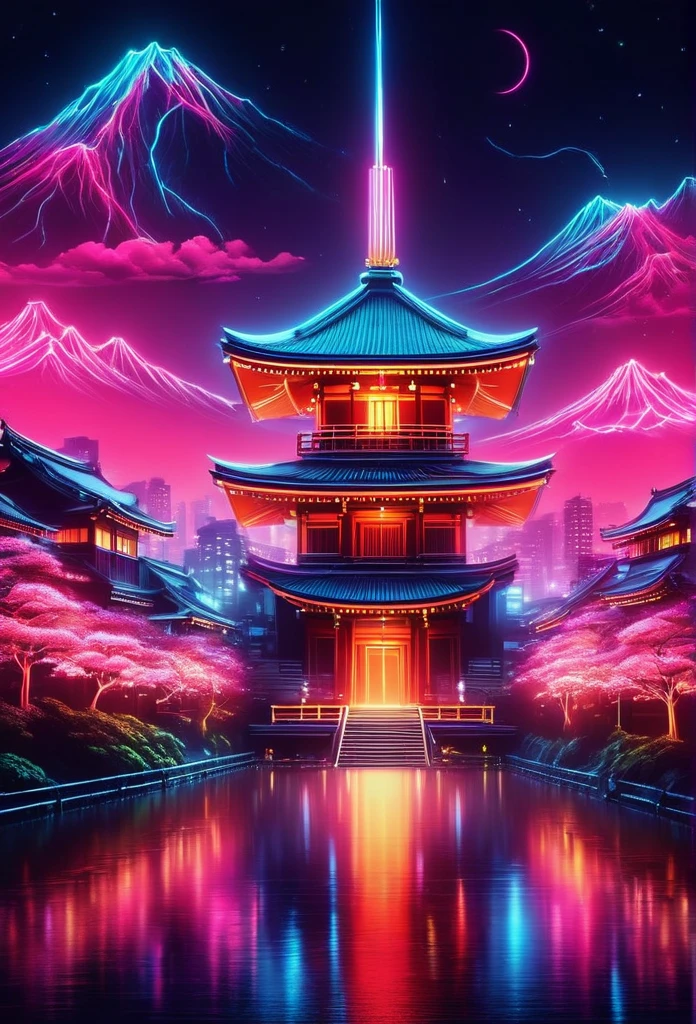 Vaporwave Aesthetic,ネオンカラー,Kyoto,Kiyomizu temple,rich colors,flash,とてもflash,Cast colorful spells,Draw in neon colors on a dark,Mt.Fuji
background,Fusion of good old Japanese scenery and modern art,POP Illustration,poster,perfect composition,Design that expresses Japan,works of art