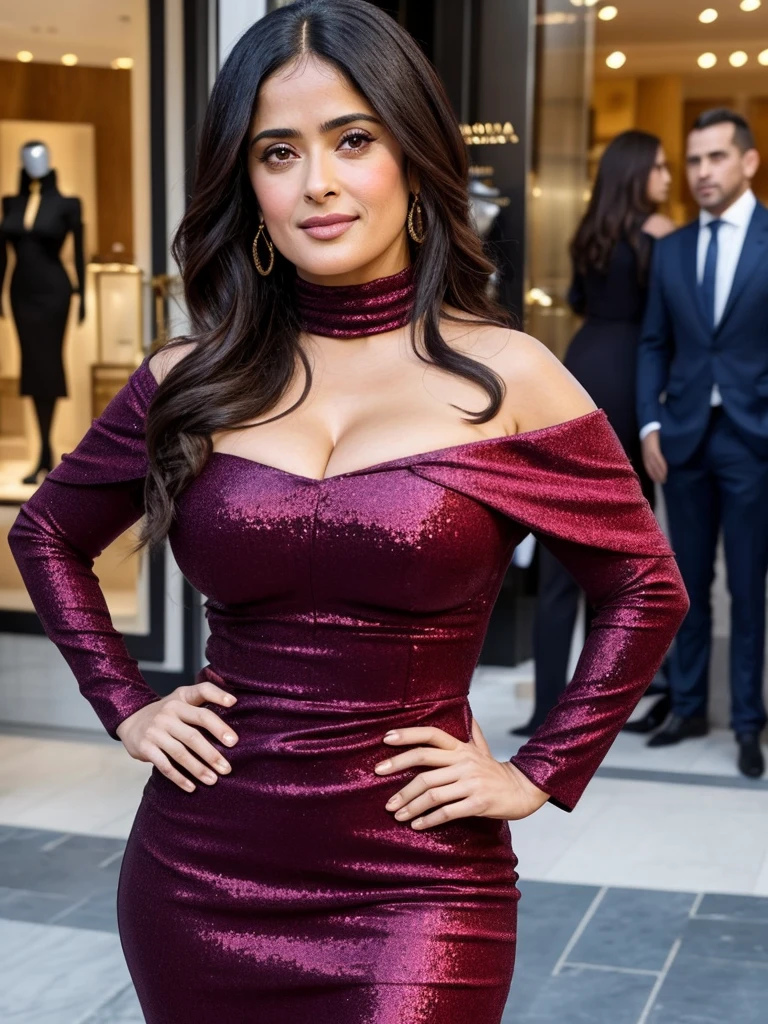 salma hayek, clad in a tight, CadetBlue mini sparkling wine red with stones dress with long sleeves and an off-the-shoulder collar, standing confident, strong posture, gaze, in front of a high-end fashion store,