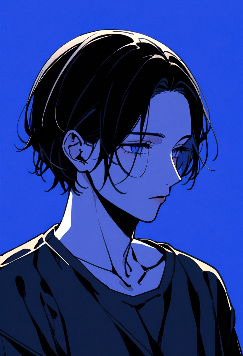 crisp narrow eyeasculine eyeale、Beautifully straight, center parted、male、Medium black hair、profile、profileの待ち受け、黒髪のCenter part that exposes the forehead・profileのイラストアイコン,Black hair center part、Flat painting - Portrait：30代前半のmaleで、Hair should be parted in the center。 ·atmosphere：It has a stylish atmosphere.、Simple fill、With a bright feeling、Center part that exposes the forehead,Blue background、For SNS icons、T-Shirts、Solid blue background,Short cut、