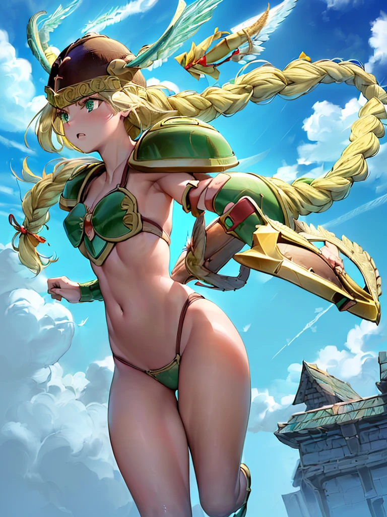 masterpiece,best quality, 1girl, 18yo, beautiful girl,BREAK,(Armor:1.8),(Helmet with wings:1.7),(Beautiful blonde,braid,Green Eyes:1.5),BREAK,(Bikini Armor:1.4),BREAK, (blue sky:1.4),(Running on clouds:1.5),(blue skyに舞う:1.5),