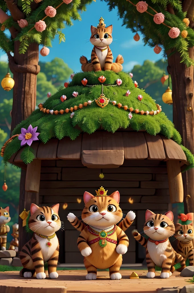 A joyful scene with all the forest animals celebrating Baghu’s(cat) coronation as the king, with flowers, colorful decorations, and everyone looking happy and proud. Baghu wears a small crown and stands on a decorated rock.