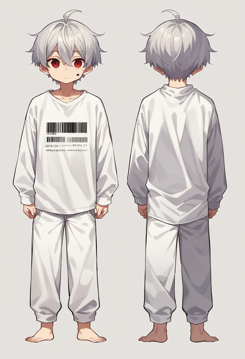 2D model reference sheet of anime boy, silver hair, ahoge, red eyes, cheek barcode, white oversized sweatshirt and pants, barefoot, front side and back views, turnaround, white background, cute, tall chibi