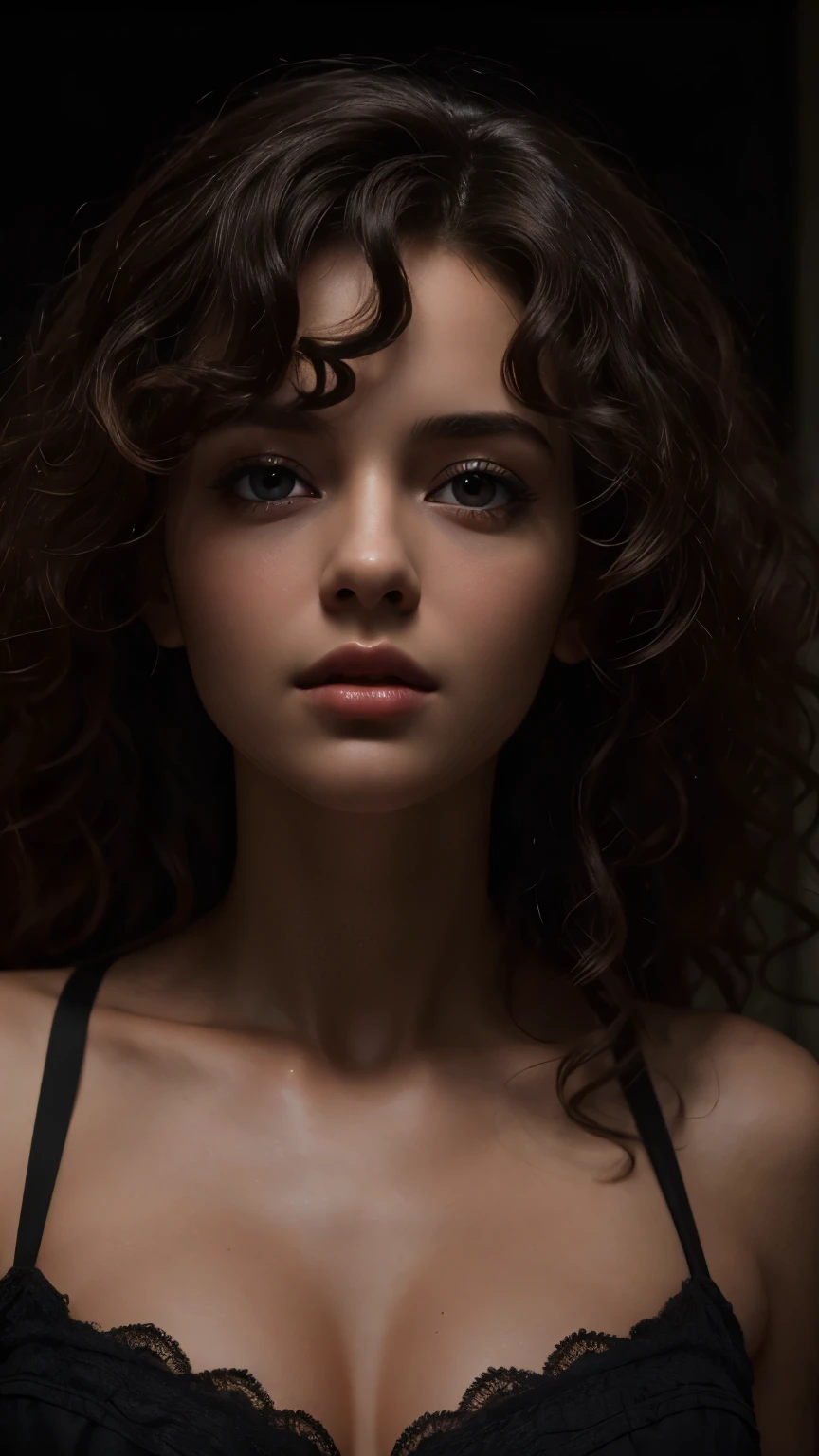 Best quality, masterpiece, ultra high res, (photorealistic:1.4), raw photo, 1girl, waist up, deep shadow, dark theme, cinematic, beautiful girl, beautiful eyes, curly hair