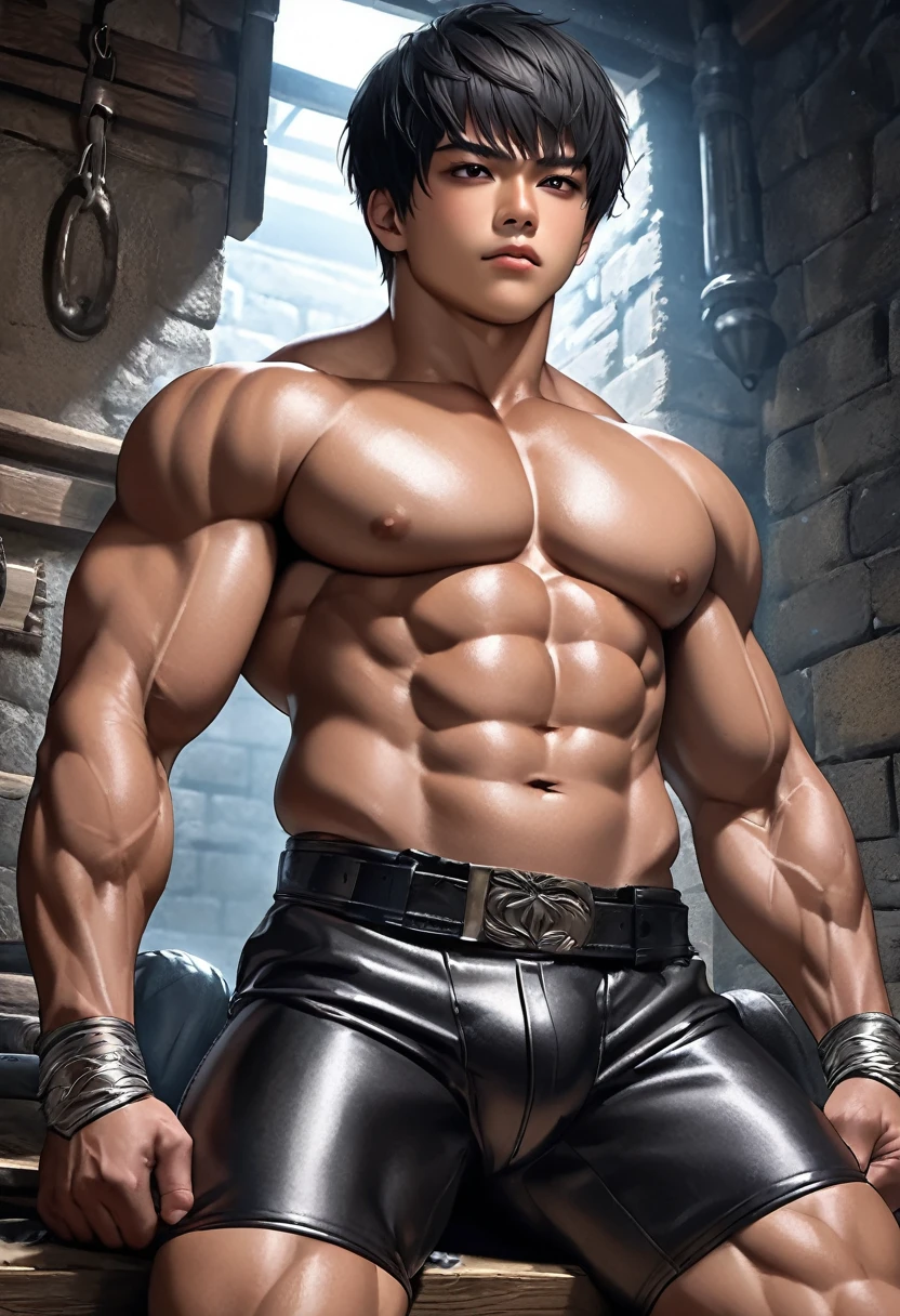 high quality, detailed, Realistic,flexing, (19 years old japanese bulky wrestler boy), (detailed black eyes), (black short hair), (muscle:1.5), (dark skin), dungeon bedroom, (leather tiny thongs), (bulge:1.2), detailed nipples, laying, erected,