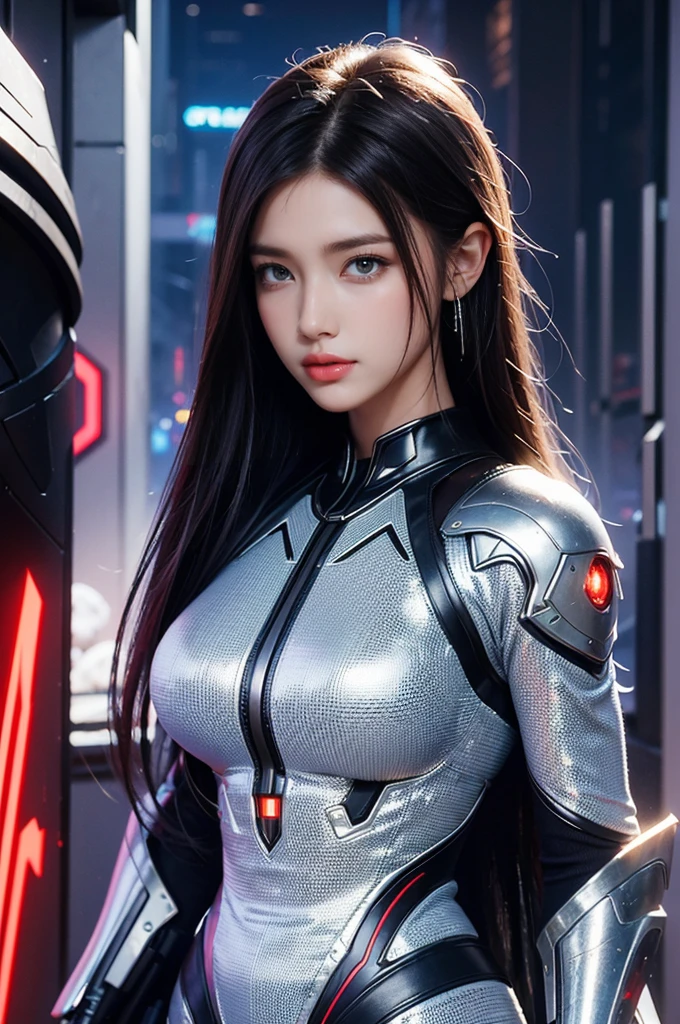 Game art，The best picture quality，Highest resolution，8K，((A bust photograph))，((Portrait))，(Rule of thirds)，Unreal Engine 5 rendering works， (The Girl of the Future)，(Female Warrior)，22-year-old girl，(Hair random)，(A beautiful eye full of detail)，(Big breasts)，Elegant and charming，Smile，(frown)，(Clothes full of futuristic sci-fi style，Sweater，A delicate pattern，Glittering jewels，Armor，White and red)，Cyberpunk Characters，Future Style， Photo poses，Street background，Movie lights，Ray tracing，Game CG， Unreal Engine))， rendering reflection pattern