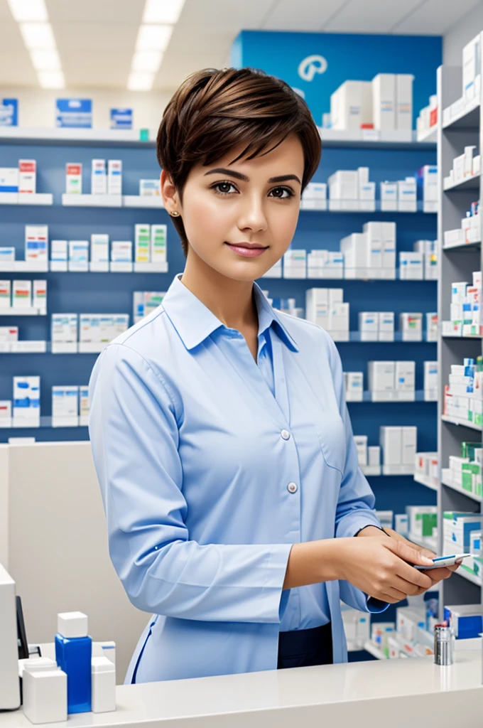 Create an image of a short-haired pharmacist wearing a white blue shirt standing at the pharmacy counter