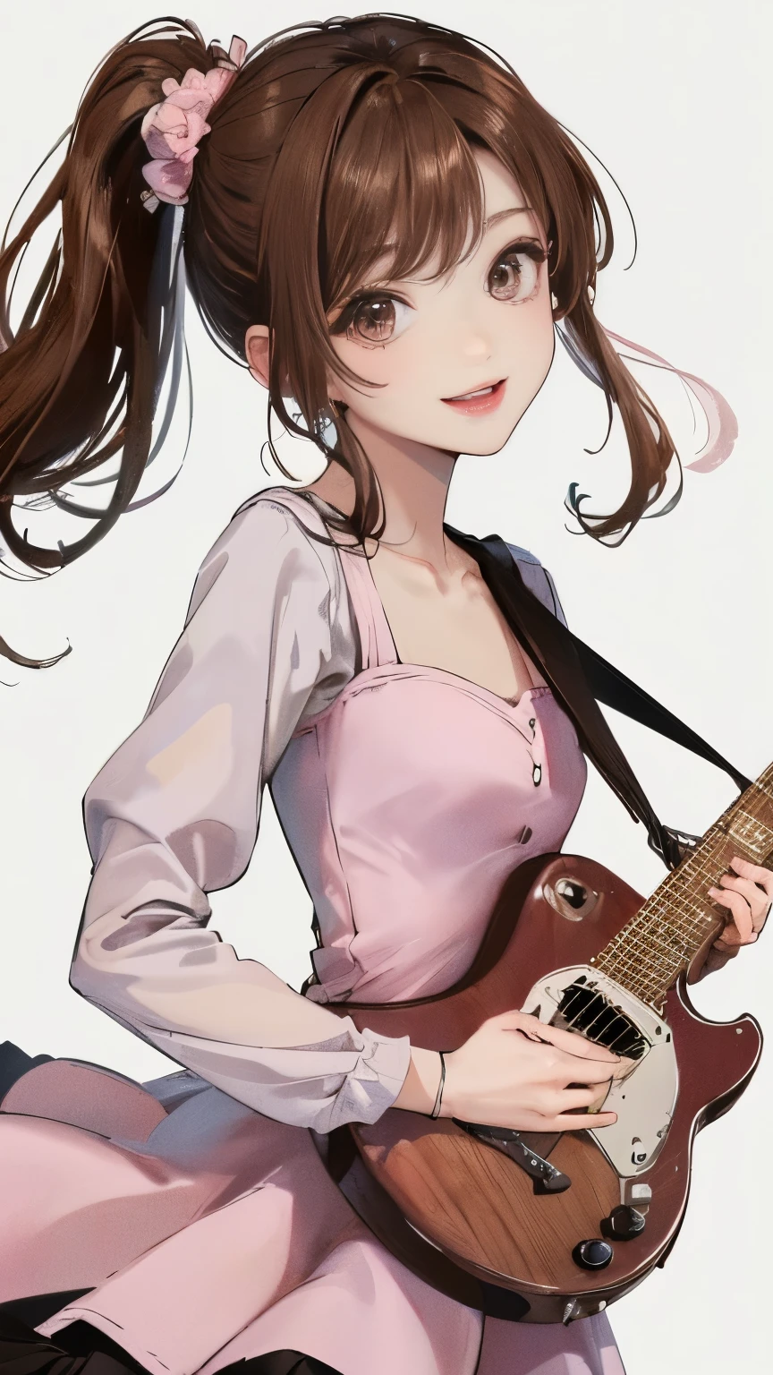 (((White wall background)))、(((Best image quality、8K、Beautiful woman、White wall background)))、guitarist、play the guitar、(((Brown Hair)))、(((Side Ponytail)))、(((smile)))、(((Pink Dress、mini skirt dress)))、(((Pure white background)))