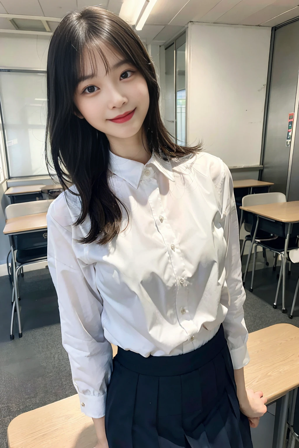 「A beautiful female school teacher stands in front of the classroom、She is wearing a suit with a tight white shirt and a tight he is holding a textbook and smiling gently.。Her short wavy hair is neatly arranged.、The tight mini skirt accentuates her thighs and buttocks.。We create a professional and friendly atmosphere。A classroom can be seen in the background.、There is a blackboard and student desks.。」