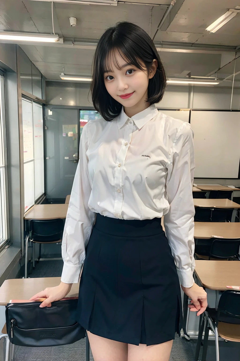 「A beautiful female school teacher stands in front of the classroom、She is wearing a suit with a tight white shirt and a tight he is holding a textbook and smiling gently.。Her short wavy hair is neatly arranged.、The tight mini skirt accentuates her thighs and buttocks.。We create a professional and friendly atmosphere。A classroom can be seen in the background.、There is a blackboard and student desks.。」