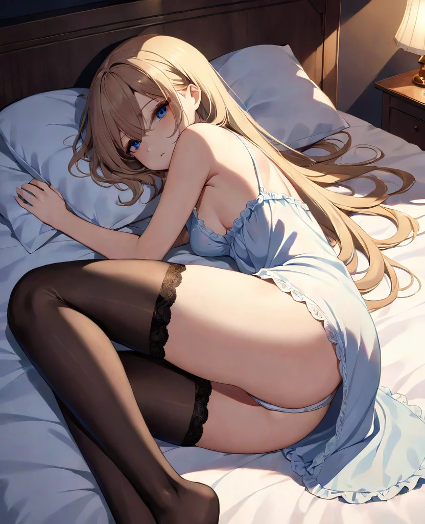 In the dim light Alice lay on her side, back to him. She was wearing a simple nightgown, which fell to the knees, its fabric was quite thin, to expose the outline of her body. Her legs were long and toned, framed by a pair of silky thigh-high stockings..