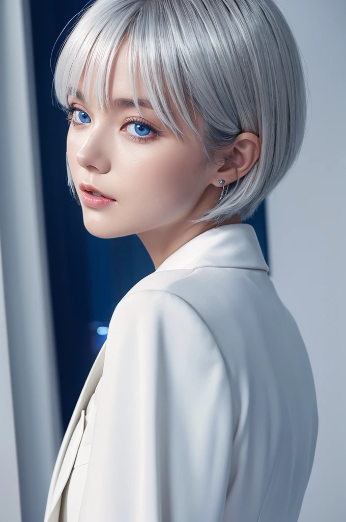 A short woman with silver bob hair wearing a white suit、Blue Eyes