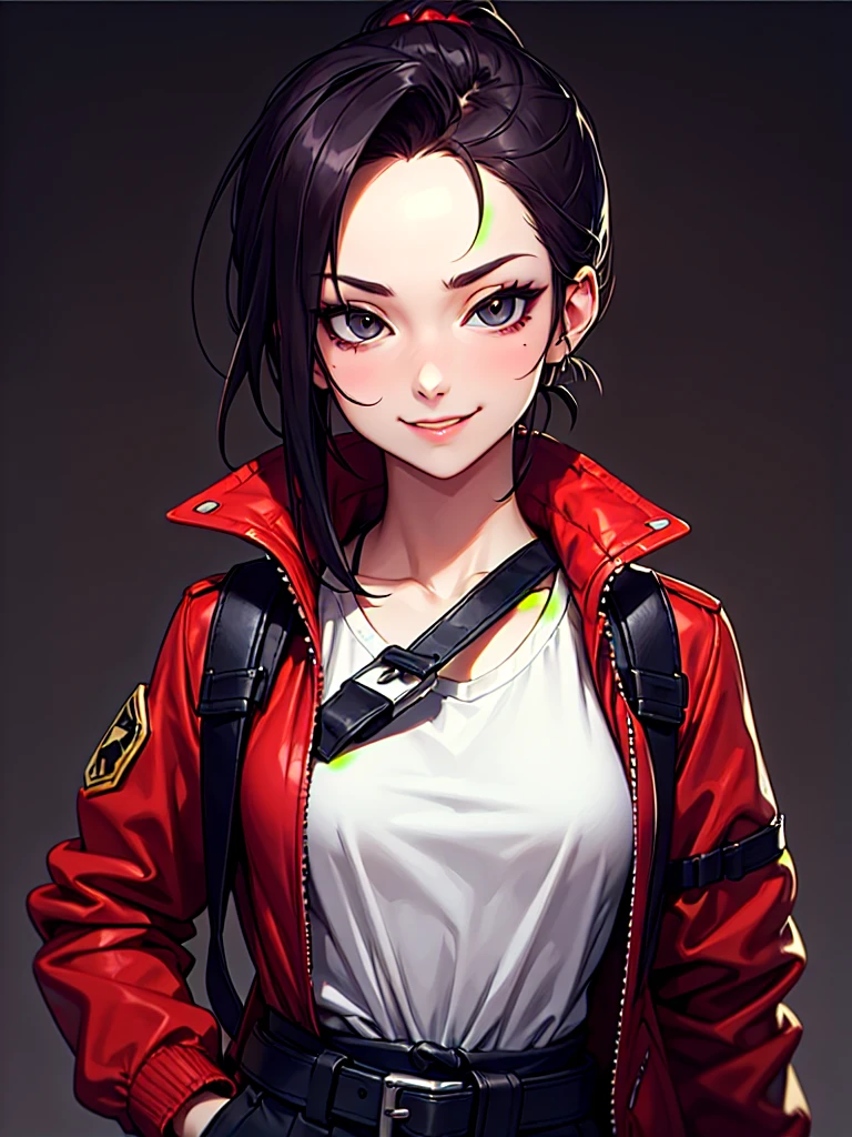 ((Portrait)), She has a Mischievous and Slim Appearance, with a Childlike Charm, Fair Skin and a Small Build. She Expresses a Playful and Smug Look, Giving Off an Immature and Cheerful Attitude. She has Light Gray Eyes, and Her Hair is Short and Tousled, Jet Black, Tied in Short Ponytail, with Bare Forehead. She Wears a Oversized, Dark Red Bomber-Style Jacket, with Straps Around Her Waist. ((Portrait, HDR, Dark Background))