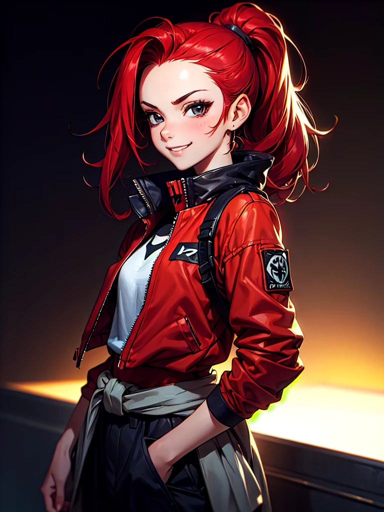 ((Portrait)), She has a Mischievous and Slim Appearance, with a Childlike Charm, Fair Skin and a Small Build. She Expresses a Playful and Smug Look, Giving Off an Immature and Cheerful Attitude. She has Light Gray Eyes, and Her Hair is Short and Tousled, Jet Black, Tied in Short Ponytail, with Bare Forehead. She Wears a Oversized, Dark Red Bomber-Style Jacket, with Straps Around Her Waist. ((Portrait, HDR, Dark Background))