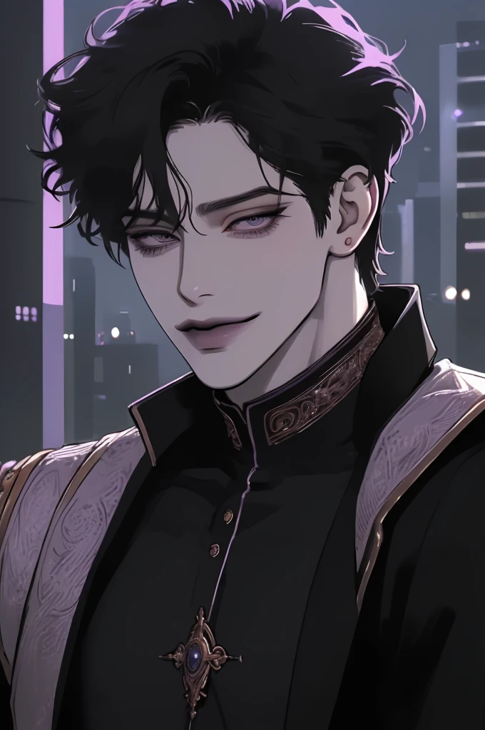 anime man in the night city, attractive man with сиреневые глаза while squinting, black hair, 1 person, black military uniform, beautiful detailed eyes, lilac eyes eyes, squinting, shoulder-length curly hair, (Best quality,4K,8 k,A high resolution,masterpiece:1.2), ultra detailed, (realistic, photorealistic,photo-realistic:1.37),bright colors,dramatic lighting,complex parts,elegant,exquisite,Cinematic, muscular build, A tall man, A sly smile on his face