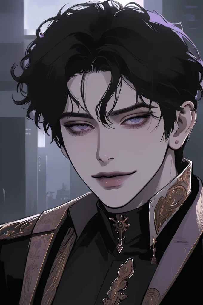 anime man in the night city, attractive man with сиреневые глаза while squinting, black hair, 1 person, black military uniform, beautiful detailed eyes, lilac eyes eyes, squinting, shoulder-length curly hair, (Best quality,4K,8 k,A high resolution,masterpiece:1.2), ultra detailed, (realistic, photorealistic,photo-realistic:1.37),bright colors,dramatic lighting,complex parts,elegant,exquisite,Cinematic, muscular build, A tall man, A sly smile on his face