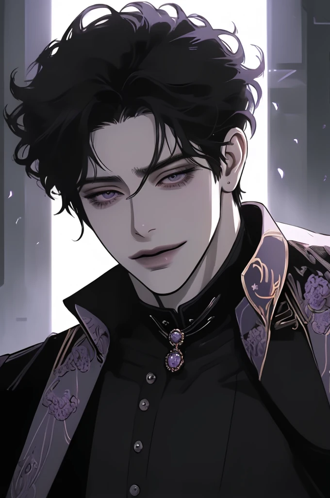anime man in the night city, attractive man with сиреневые глаза while squinting, black hair, 1 person, black military uniform, beautiful detailed eyes, lilac eyes eyes, squinting, shoulder-length curly hair, (Best quality,4K,8 k,A high resolution,masterpiece:1.2), ultra detailed, (realistic, photorealistic,photo-realistic:1.37),bright colors,dramatic lighting,complex parts,elegant,exquisite,Cinematic, muscular build, A tall man, A sly smile on his face