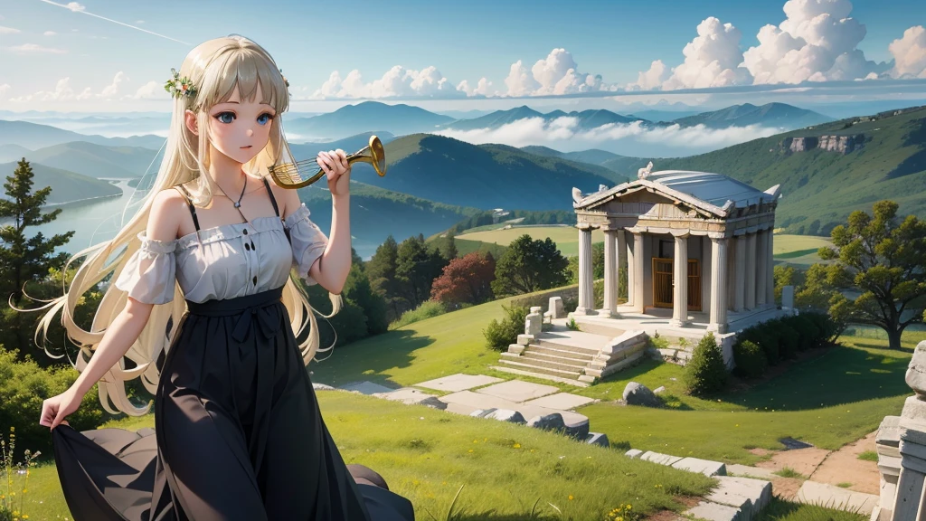 最high quality、high quality、Young Greek God々、Sanctuary Grassland、Long dress、Light-filled、mysterious、Have a lyre、Greek temple in the clouds、Skyline、