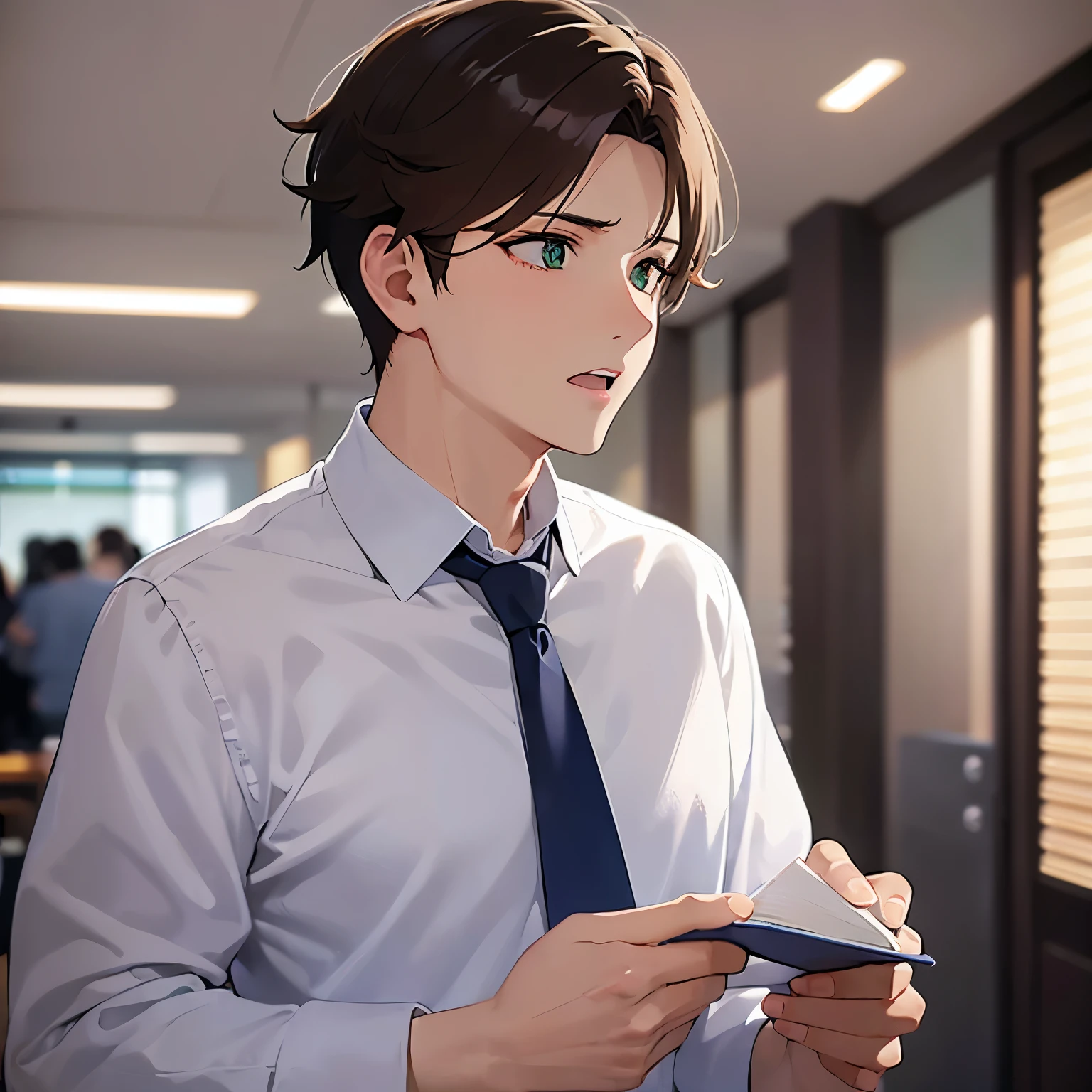 BREAK (25-year-old male:1.5) and (Mahogany brown short hair) and (Green Eyes) BREAK (white collared shirt) and (Blue tie)、(looking back:1.5),Side shot masterpiece、Highest quality、blush, (surprised:1.5), The background is the office lobby.、(alone:1.5),open mouth