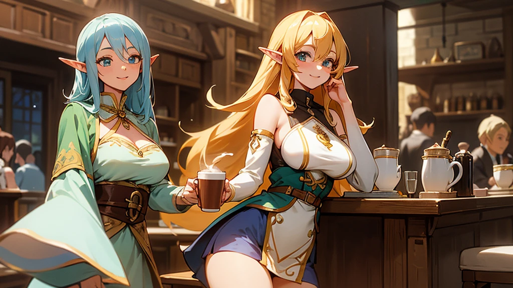 Anime Style,Nostalgic,Detailed background,The medieval world,A lively coffee shop with lots of people,Smiling bard beautiful elf girl holding coffee,Large Breasts,Healthy thighs,Underarm