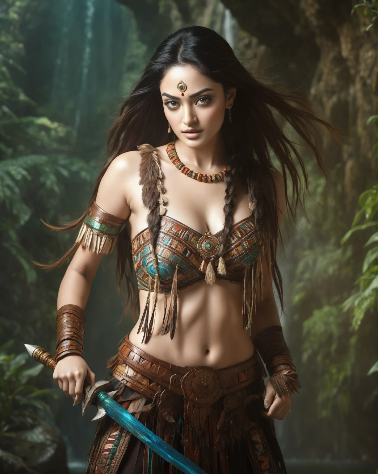 LOOKS LIKE SANDEEPA DHAR, A woman in a native costume standing in front of a waterfall, Aztec princess portrait, Aztec warrior goddess, Aztec empress, Aztec queen, goddess. extremely high detail, Karol behind UHD, Fantasy Woman, A beautiful warrior woman, earth goddess mythology, Mayan Priestess, Queen of the Amazon, epic 3 d yemaya, 4K fantasy art, beautiful warrior