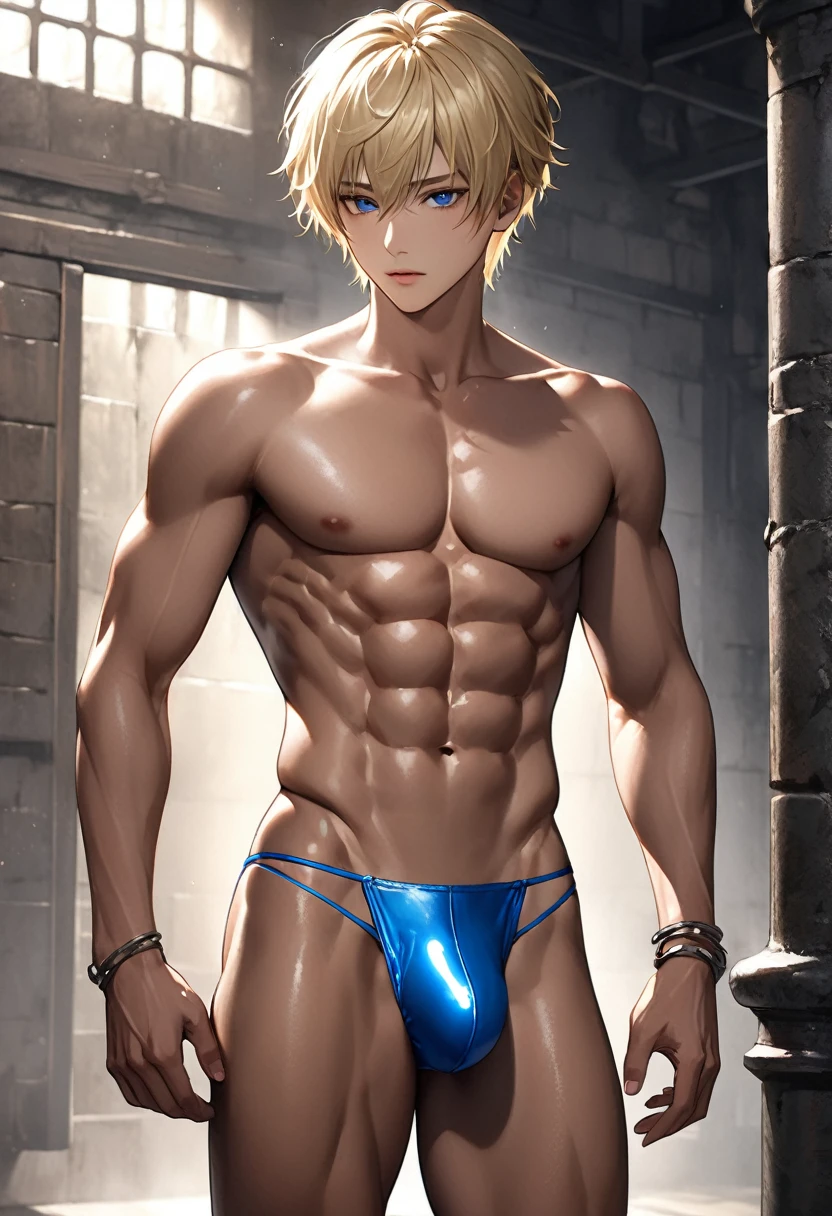 high quality, boy prostitute, detailed, Realistic, (19 years old japanese idol slave boy), (detailed blue eyes), (blond short hair), (abs:1.5), (dark shiny skin), dungeon,high class bedroom,(tiny thongs:1.4), (bulge:1.2), (detailed nipples), detailed areola, 