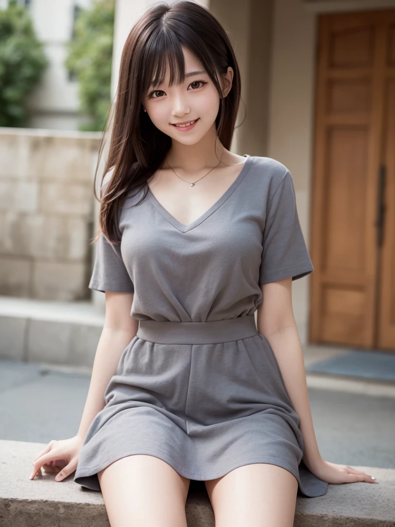 Highest quality, Detailed face, High resolution, One girl, Middle chest, smile, Black Dress , Grey mini skirt, Excellent anatomy, View your viewers, Soft Focus, Cinema Lighting, Depth of written boundary, ((Happy expression)), Mid-length hair, barefoot, Outdoor, Asymmetrical hairstyle 