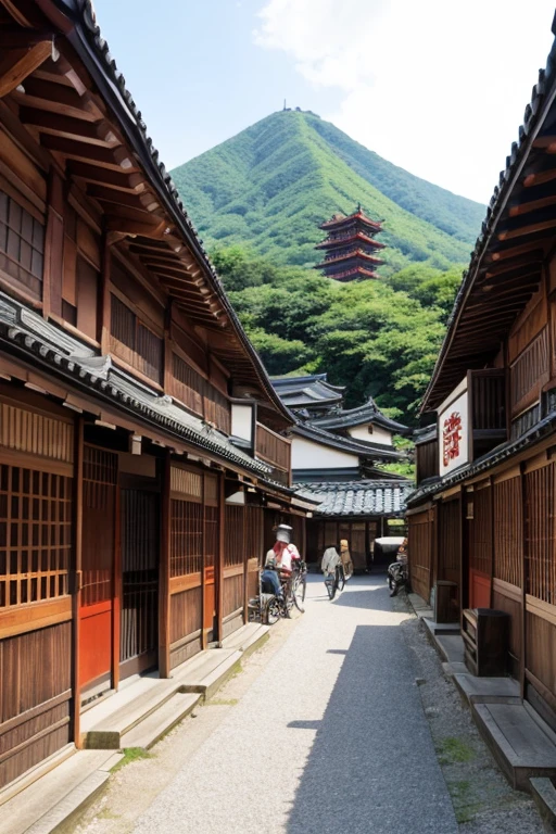 Background red Fuji、A busy scene of a post town in the Edo period