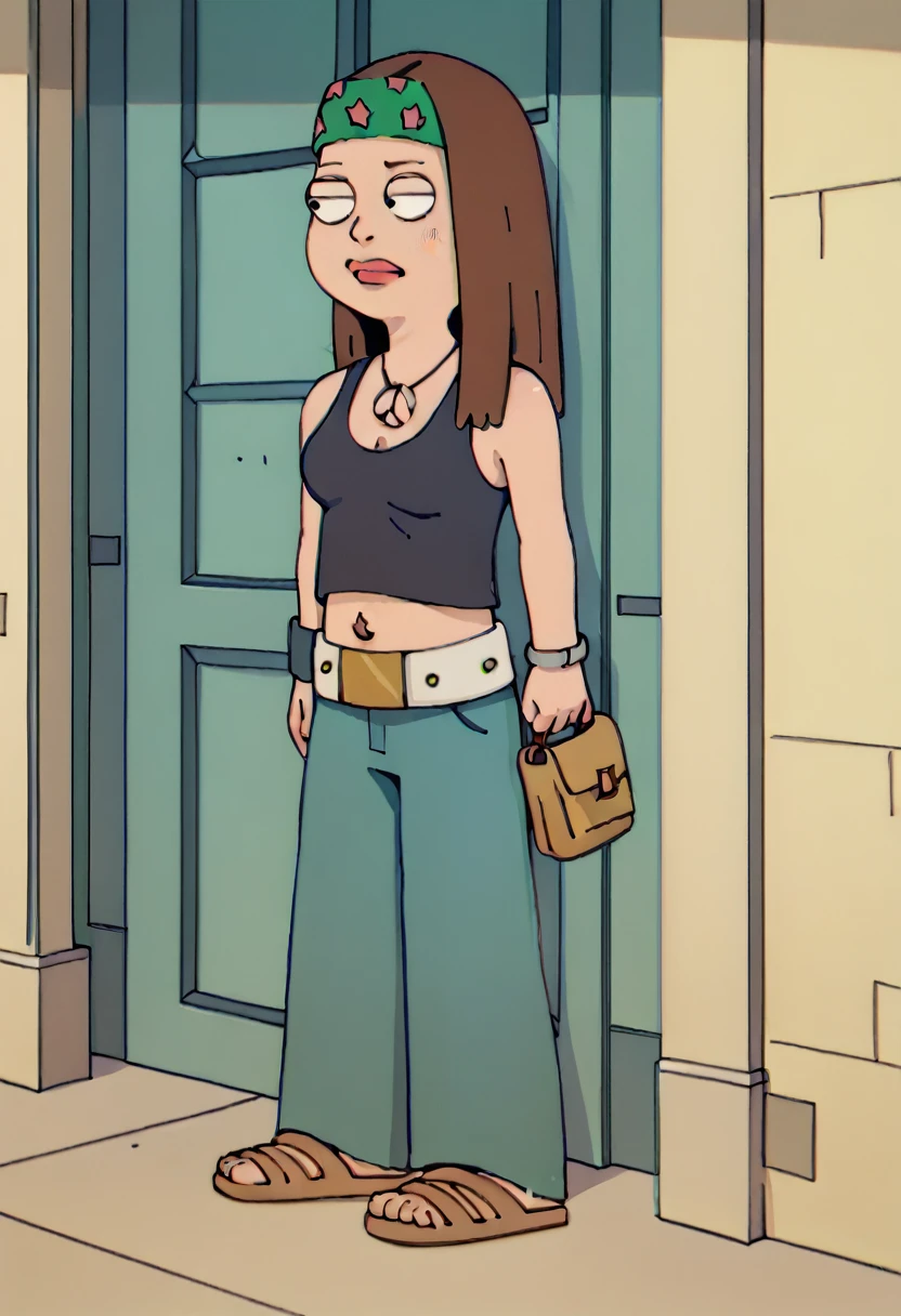 Hayley Smith, black tank top, medium breasts, blue jeans, sandals